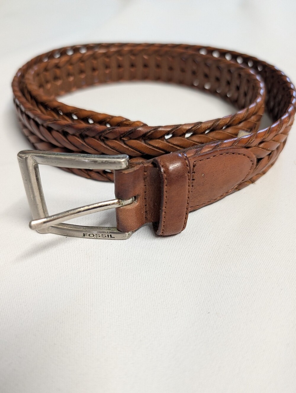 Fossil Braided Leather Belt in Brown with Silver Buckle
